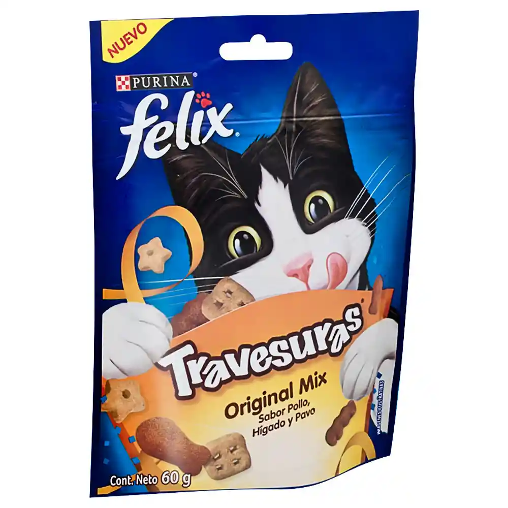 Snack para gatos adultos de todas las razas Purina Felix Travesuras sabor a Pollo, Hígado y Pavo x 60gr