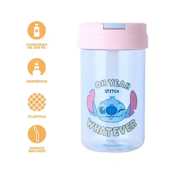 Vaso Plástico Tapa Abatible Disney Stitch Azul 500 mL Miniso