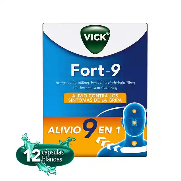 Vick Fort-9 multisintomas gripal con Acetaminofen Clorfeniramina y fenilefrina con 12 cápsulas