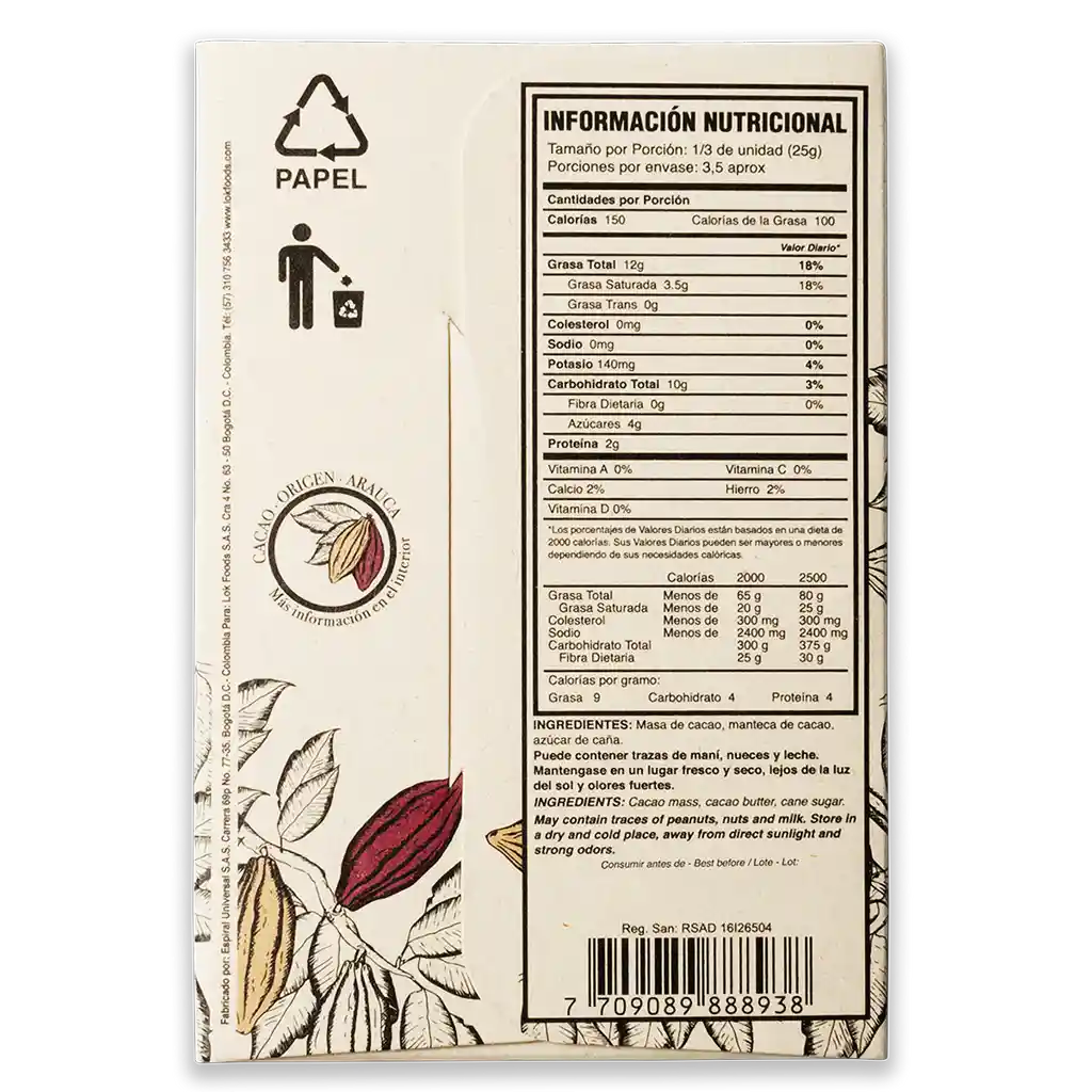 Lok Barra de Chocolate Oscuro Premium 92 % Cacao