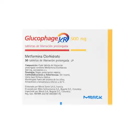 Glucophage XR (500 mg) 30 Tabletas