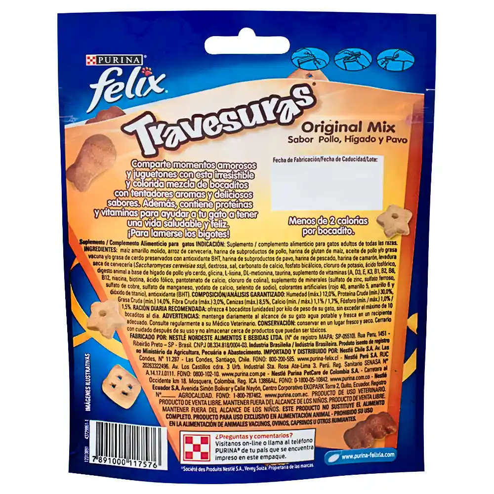 Snack para gatos adultos de todas las razas Purina Felix Travesuras sabor a Pollo, Hígado y Pavo x 60gr