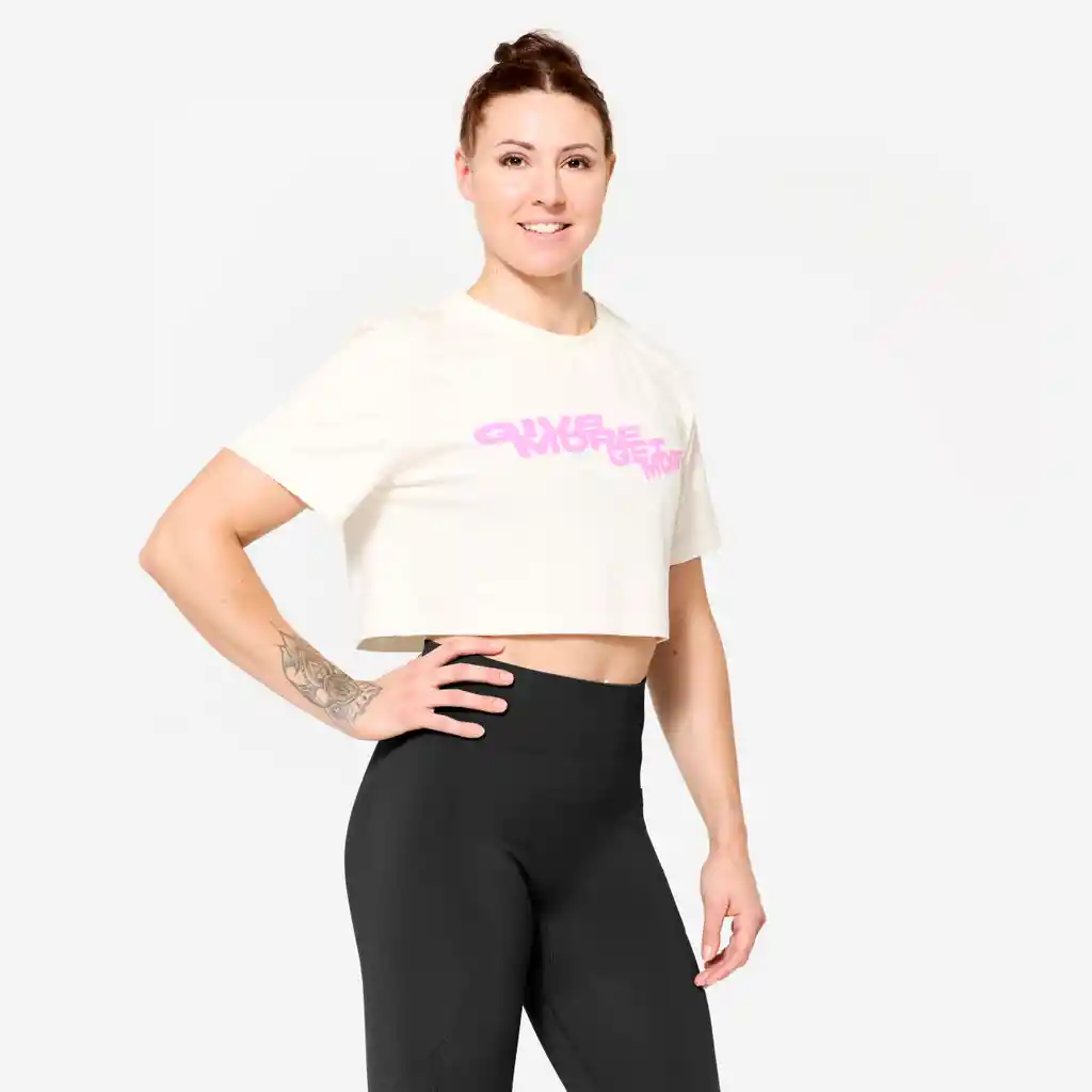 Camiseta Crop-top de Fitness Para Mujer Domyos Blanco