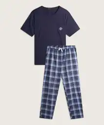 Pijama Camiseta Bordado En Bolsillo Cuello Redondo Y Pantalón Cuadros