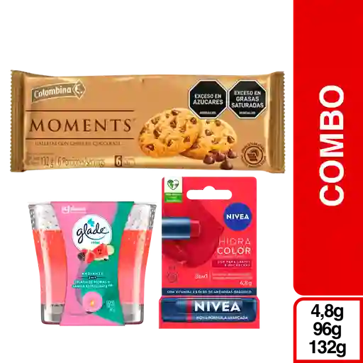 Combo Nivea Hidratante Rojo + Moments ChocoChips + Vela Sandia