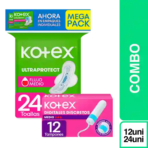 Combo Kotex Toalla Higienica Normal 24 + Tampones Digitales 12