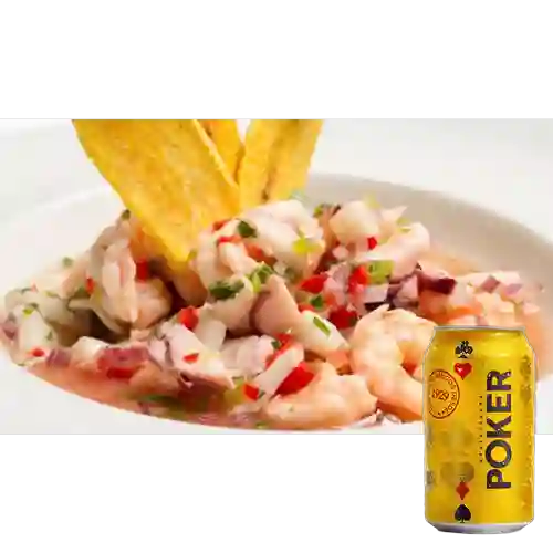 Combo Ceviche de Camaron + Cerveza Poker Lta 330ml