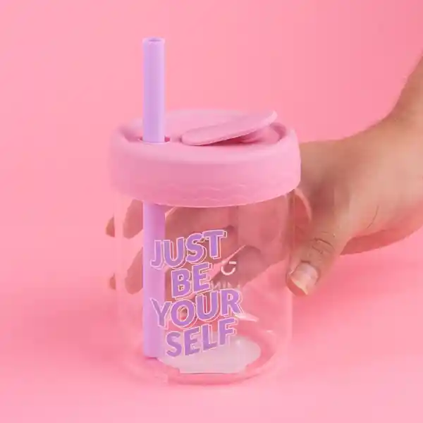 Vaso de Vidrio de Con Tapa de Silicona Rosa Miniso