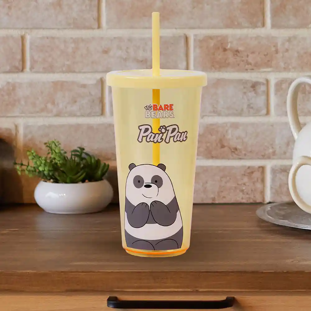 Vaso de Plástico we Bare Bears Con Pitillo Panda Amarillo Miniso