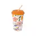 Vaso de Cerámica de Con Tapa y Pitillo Flores 400 mL Miniso