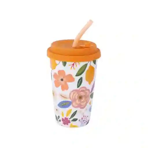 Vaso de Cerámica de Con Tapa y Pitillo Flores 400 mL Miniso