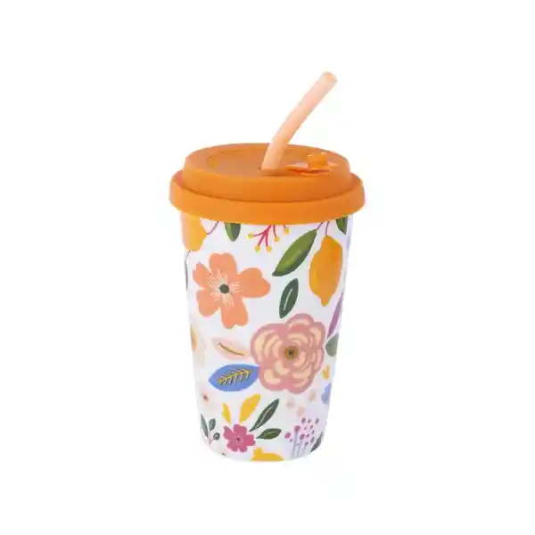 Vaso de Cerámica de Con Tapa y Pitillo Flores 400 mL Miniso