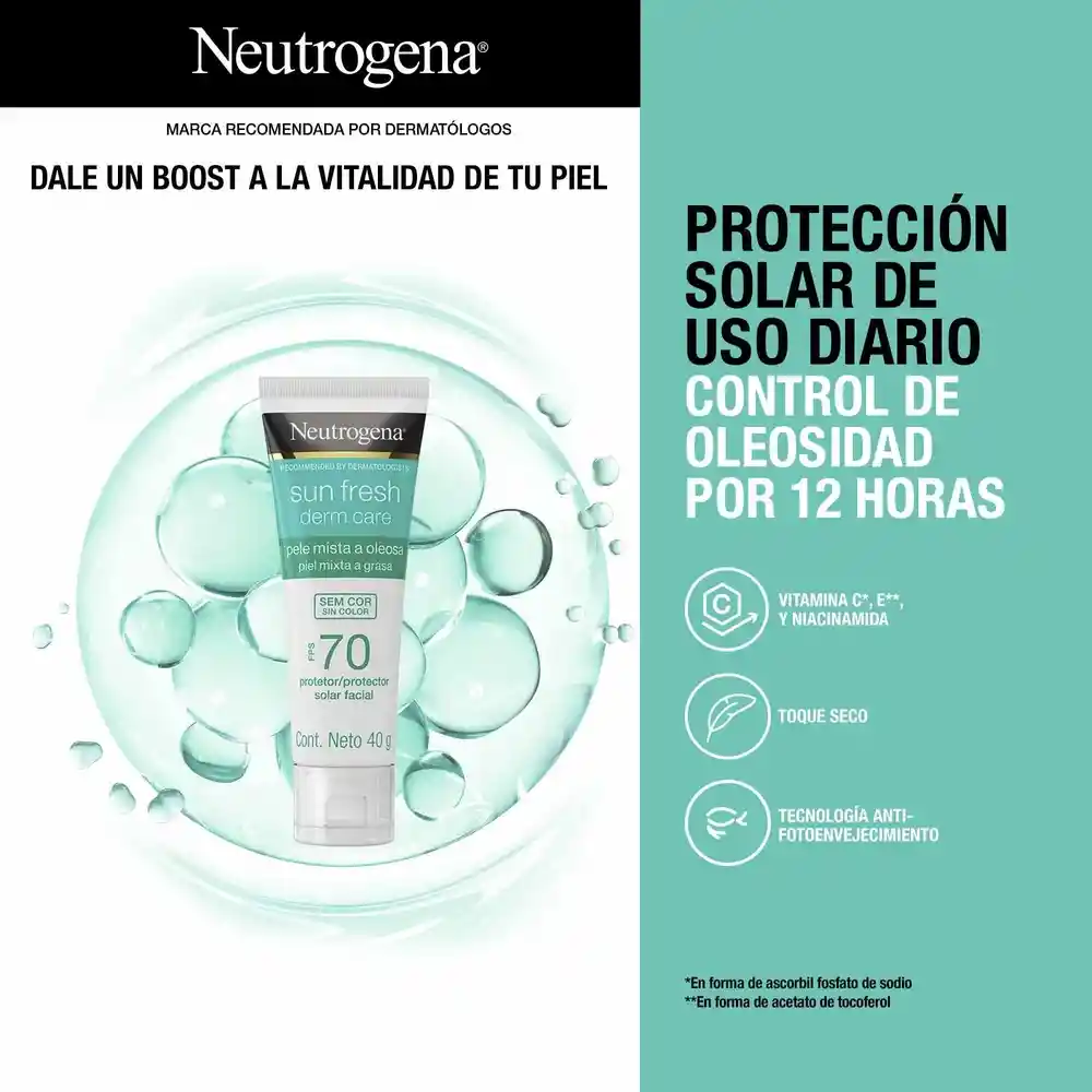 Protector Solar Facial Neutrogena Sun fresh Derm care Sin color FPS 70 40g