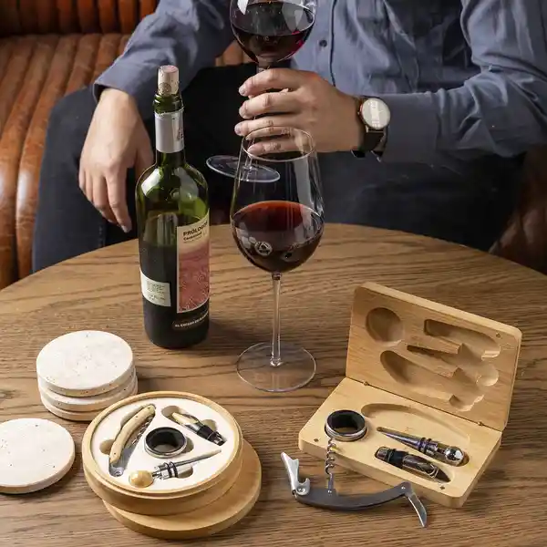 Kit Vino Caja Bambú Redonda Ambiente Gourmet