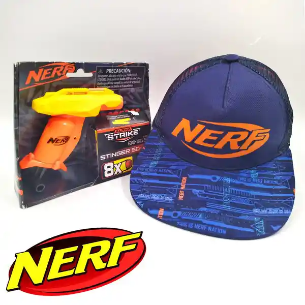 Nerf Set Gorra + Pistola Lanzadora Azul y Amarillo