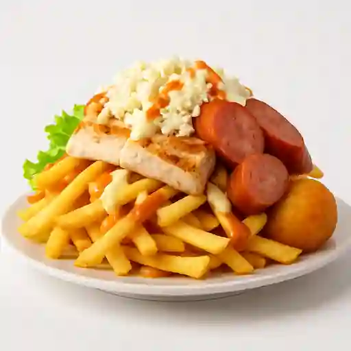 Salchipapa Pollo Suiza