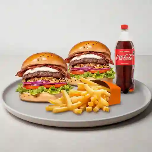 Combo Hamburguesa para Dos + Papas + 2 Bebidas