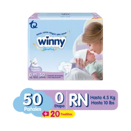 Pañales Winny Sensitive Etapa 0/RN + Toallitas Húmedas x 20 Und