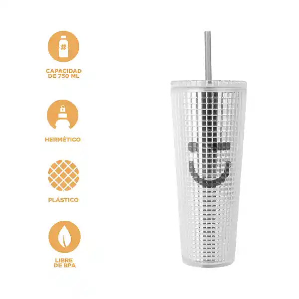 Vaso Plástico de Doble Capa Con Pitillo Serie Silver Grey Miniso