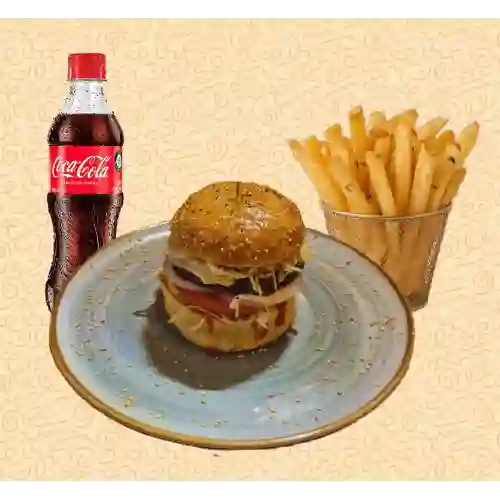 Hamburguesa clásica, bebida, acompañante