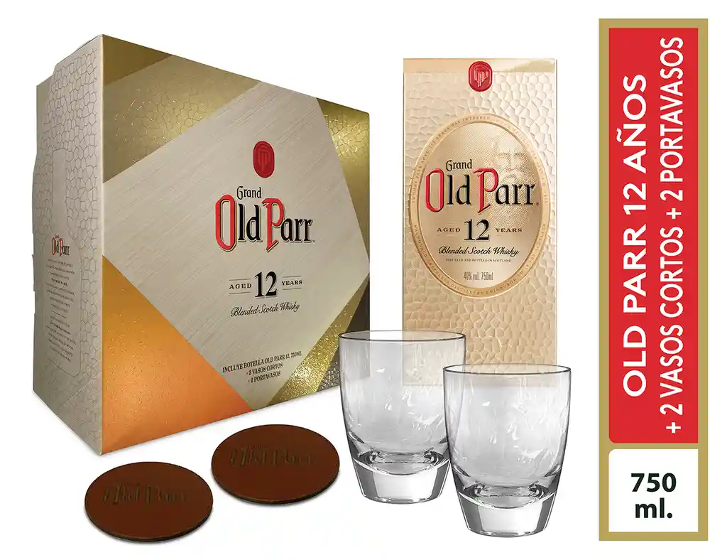 Old Parr Whisky Scotch Grand12 Años + Vasos + Portavasos