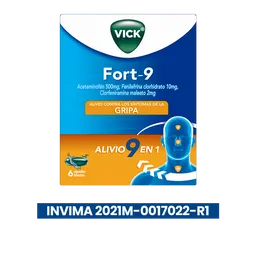 Vick Fort-9 multisintomas gripal con Acetaminofen Clorfeniramina y fenilefrina con 6 cápsulas