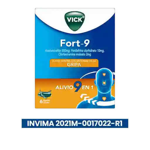 Vick Fort-9 multisintomas gripal con Acetaminofen Clorfeniramina y fenilefrina con 6 cápsulas