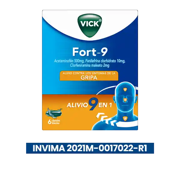 Vick Fort-9 multisintomas gripal con Acetaminofen Clorfeniramina y fenilefrina con 6 cápsulas