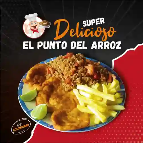 Chuleta con papas a la francesa y arroz