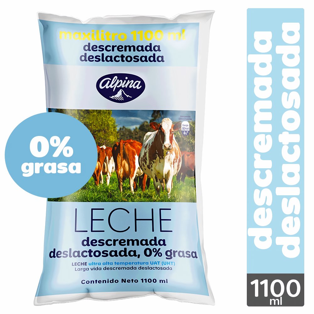 Alpina Leche Deslactosada Descremada Bolsa 1100 mL
