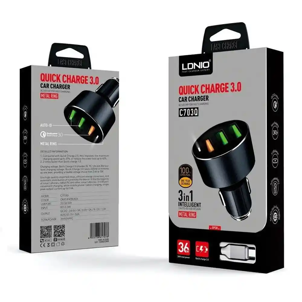 Ldnio Cargador Para Carro Carga Rápida 3 Usb C703Q