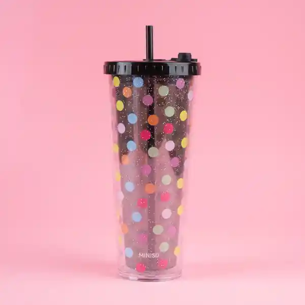 Vaso Plástico Doble Pared Con Pitillo Dots Negro 720 mL Miniso