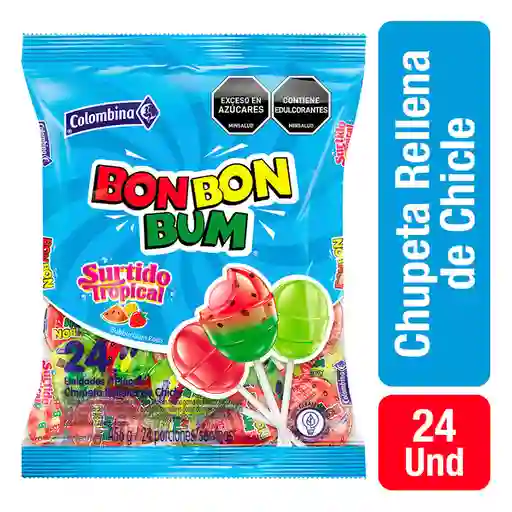  Bon Bon Bum Chupeta Rellena de Chicle Surtido Tropical por 24 und