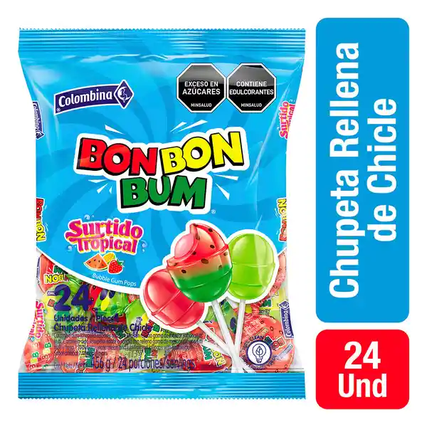  Bon Bon Bum Chupeta Rellena de Chicle Surtido Tropical por 24 und