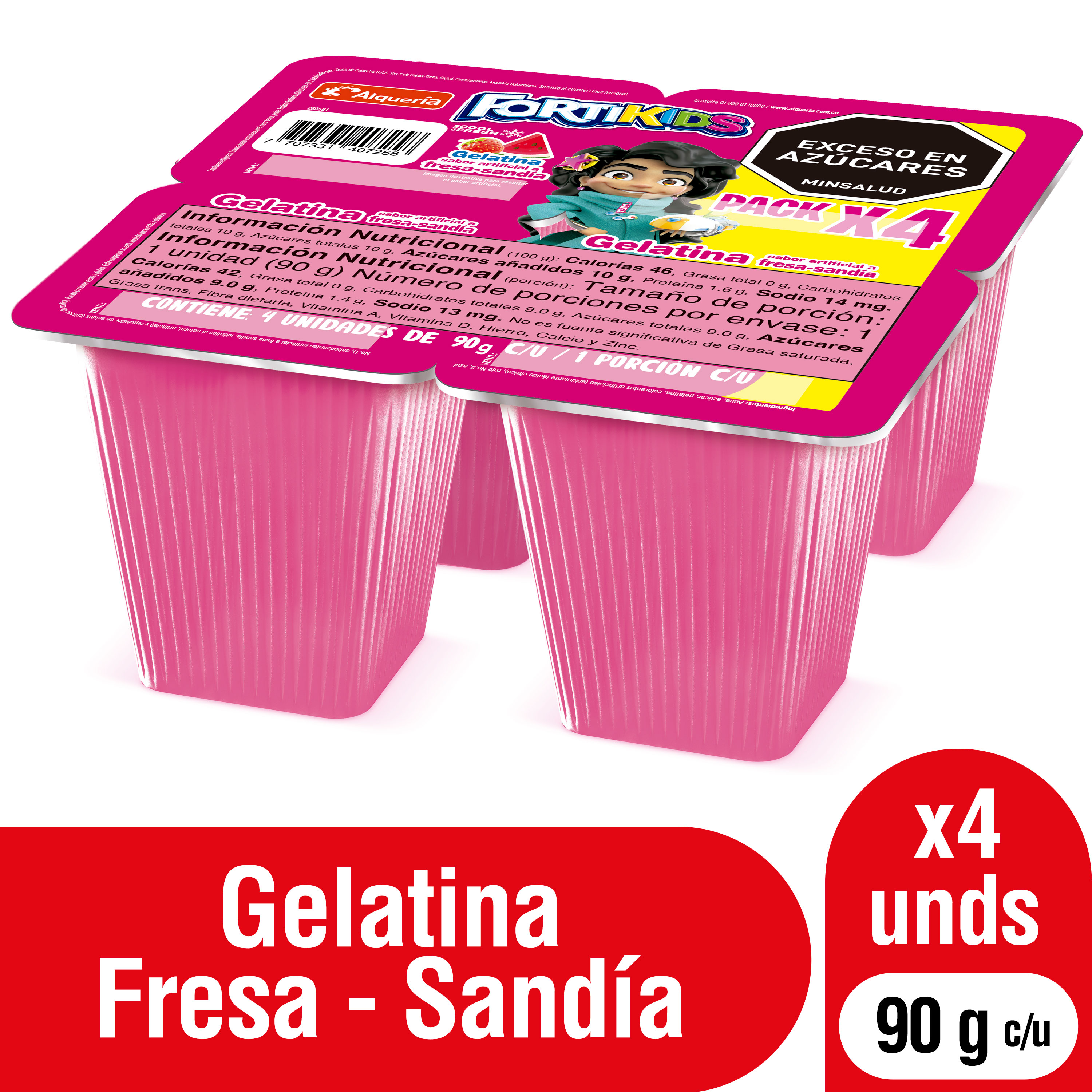 Alquería Gelatina Fortikids Sabor a Sandía y Fresa 4 x 90 g