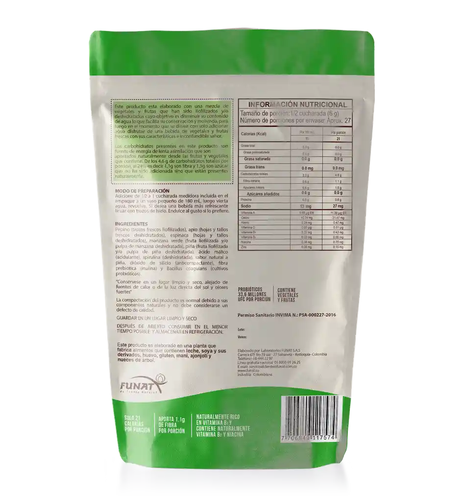 Funat Refresco en Polvo Elixir Verde Con Probióticos
