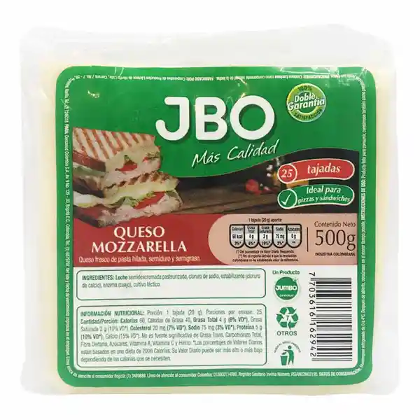 Queso Mozzarella Jbo 25 Tajadas