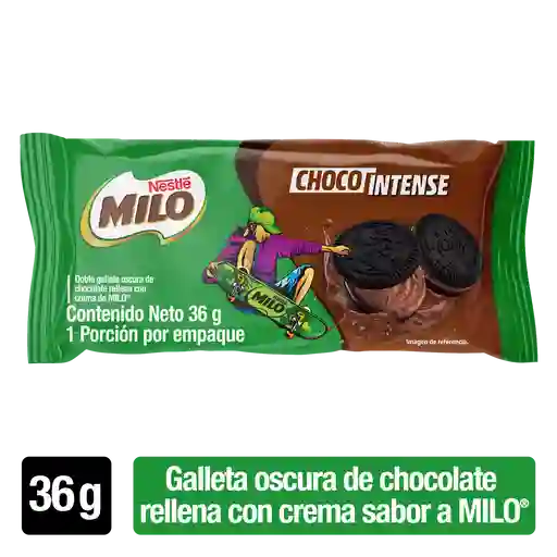 MILO Choco Intense galleta de chocolate rellena con crema de Milo x 36g