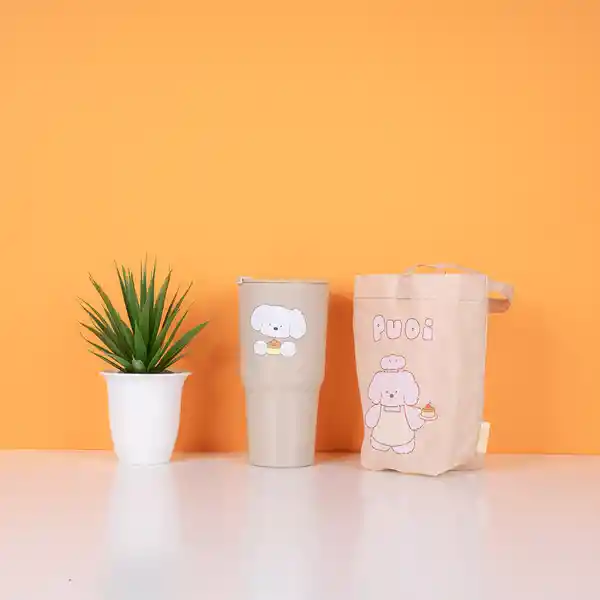 Vaso de Plástico Guji Guji Con Bolsa de Tela Café Miniso