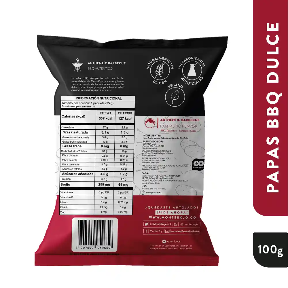 Monte Rojo Papas Bbq Dulce 100 gr