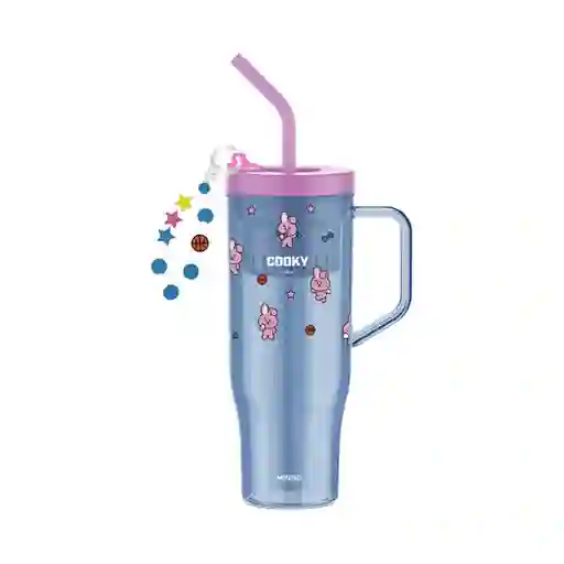 Vaso Con Pitillo Bt21 Cooky Azul 1250 mL Miniso