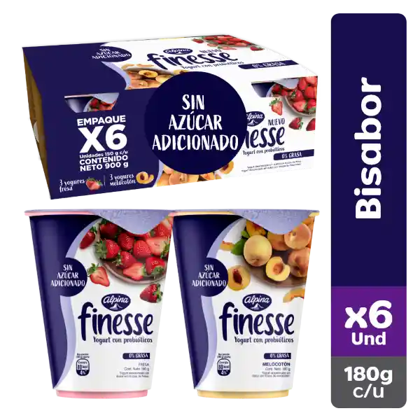 Finesse Yogurt Sabor a Fresa y Melocotón con Probióticos