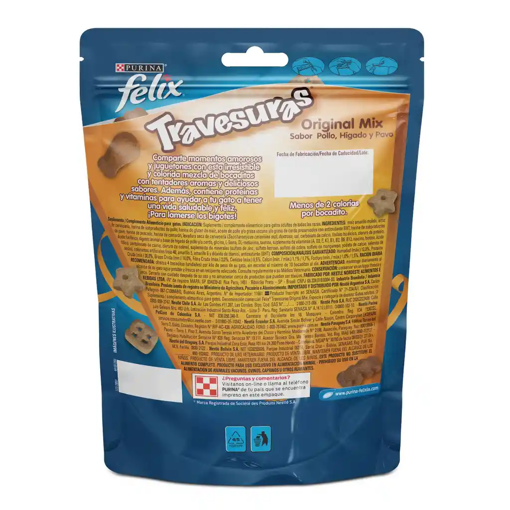 Snack para gatos adultos de todas las razas Purina Felix Travesuras sabor a Pollo, Hígado y Pavo x 60gr