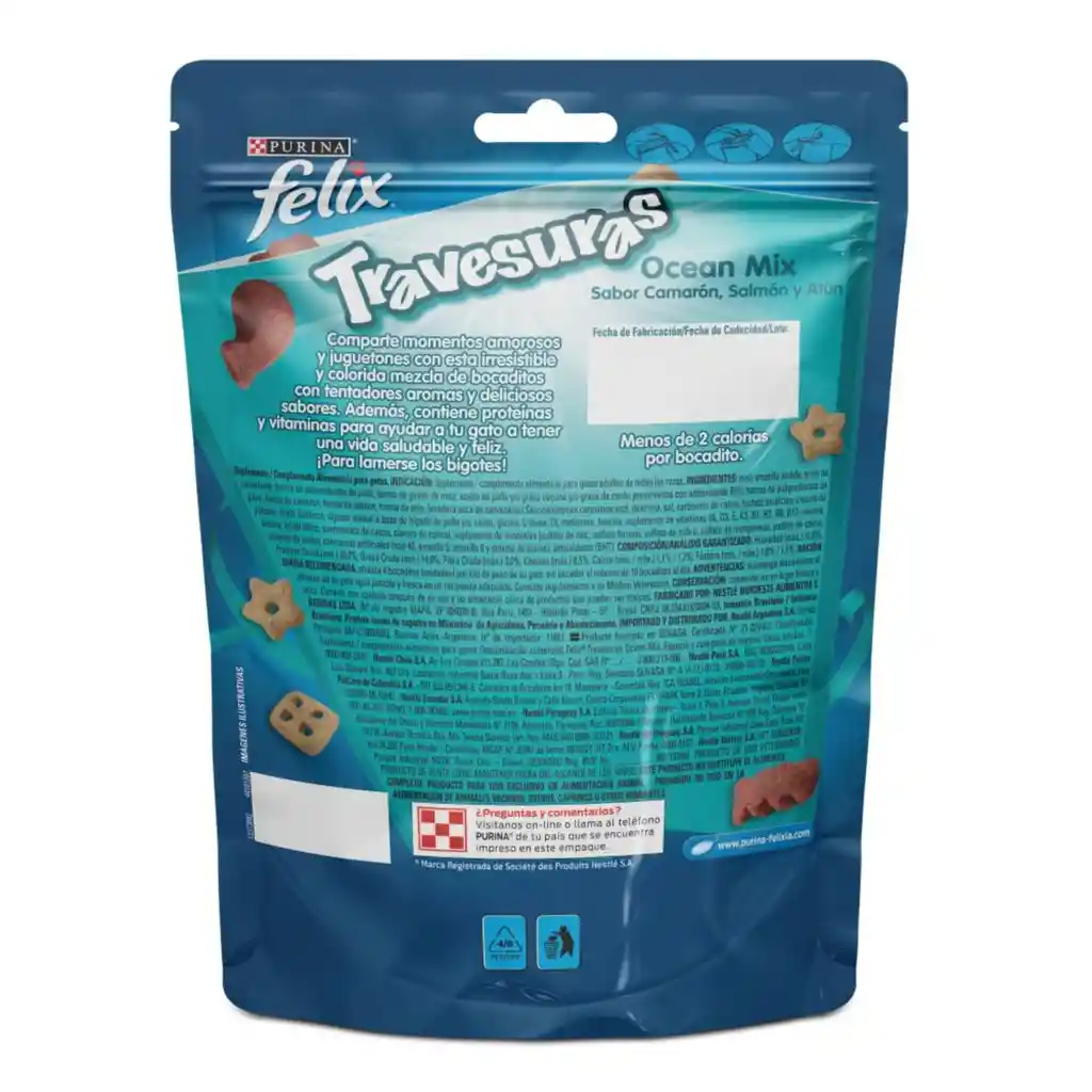 Snack para gatos adultos de todas las razas Purina Felix Travesuras sabor a Camarón, Salmón y Atún x 60gr