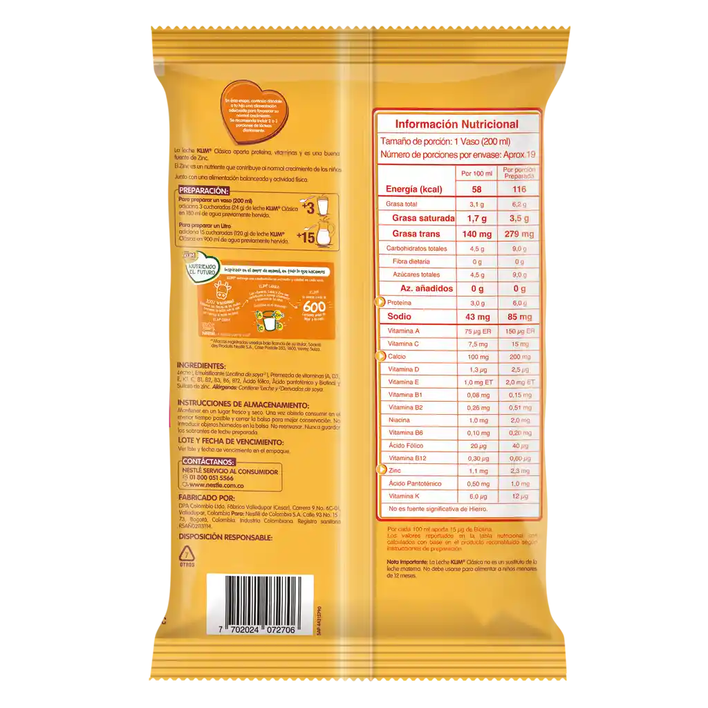 Leche en polvo KLIM Clásica x 450g gratis 90g