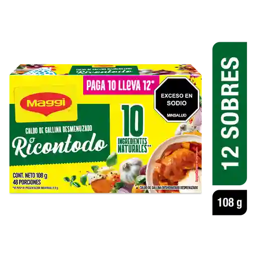 MAGGI Caldo de Gallina Desmenuzado Ricontodo pague 10 lleve 12 sobres 9g c/u