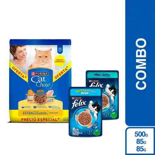 Combo Purina Cat Chow Esterilizados + Felix Snack Camarón +Pollo