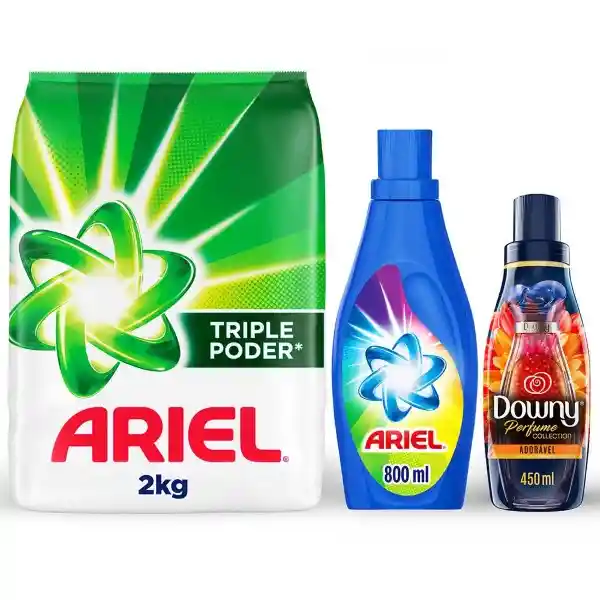 Ariel Triple Poder Concentrado Detergente en Polvo 2kg+Ariel Revitacolor Detergente Líquido 800ml+Downy Perfume Collection Adorable Suavizante Concentrado 450ml