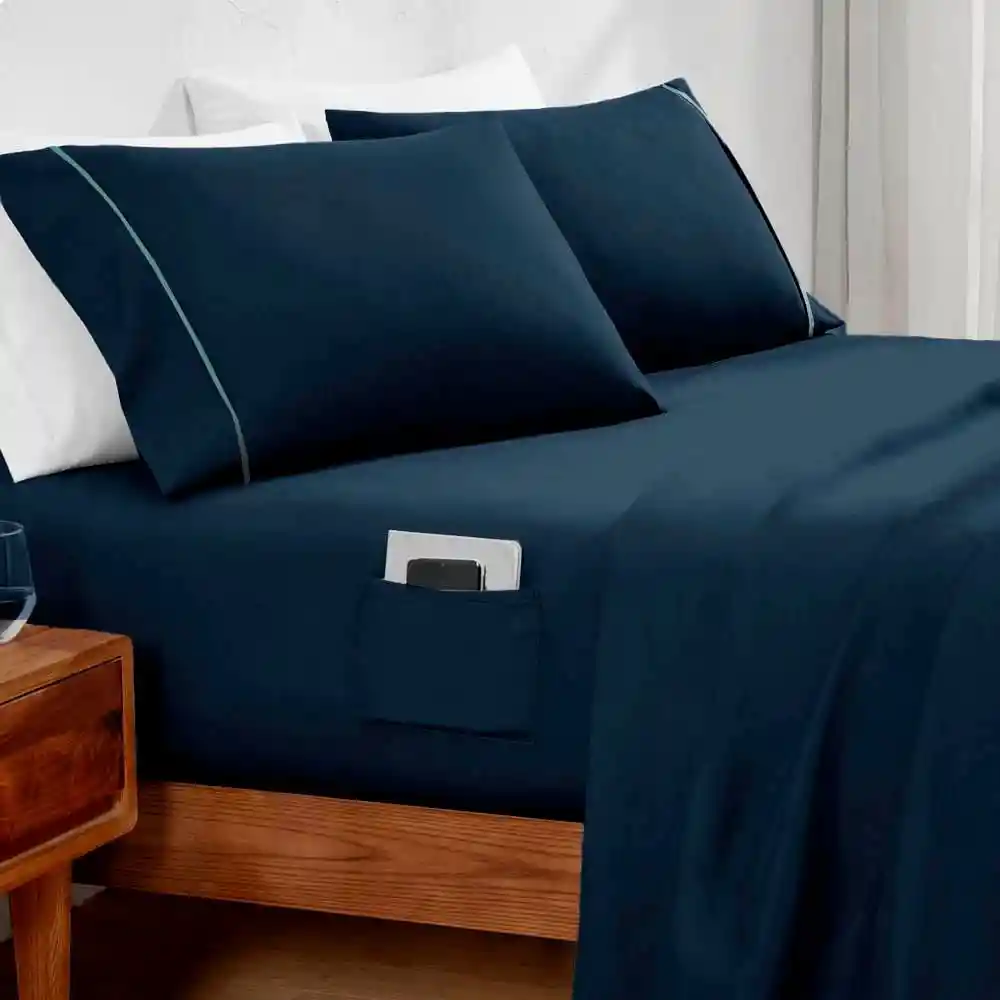 Juego Cama Extradoble Microfibra Con Cenefa Extradobl-azul