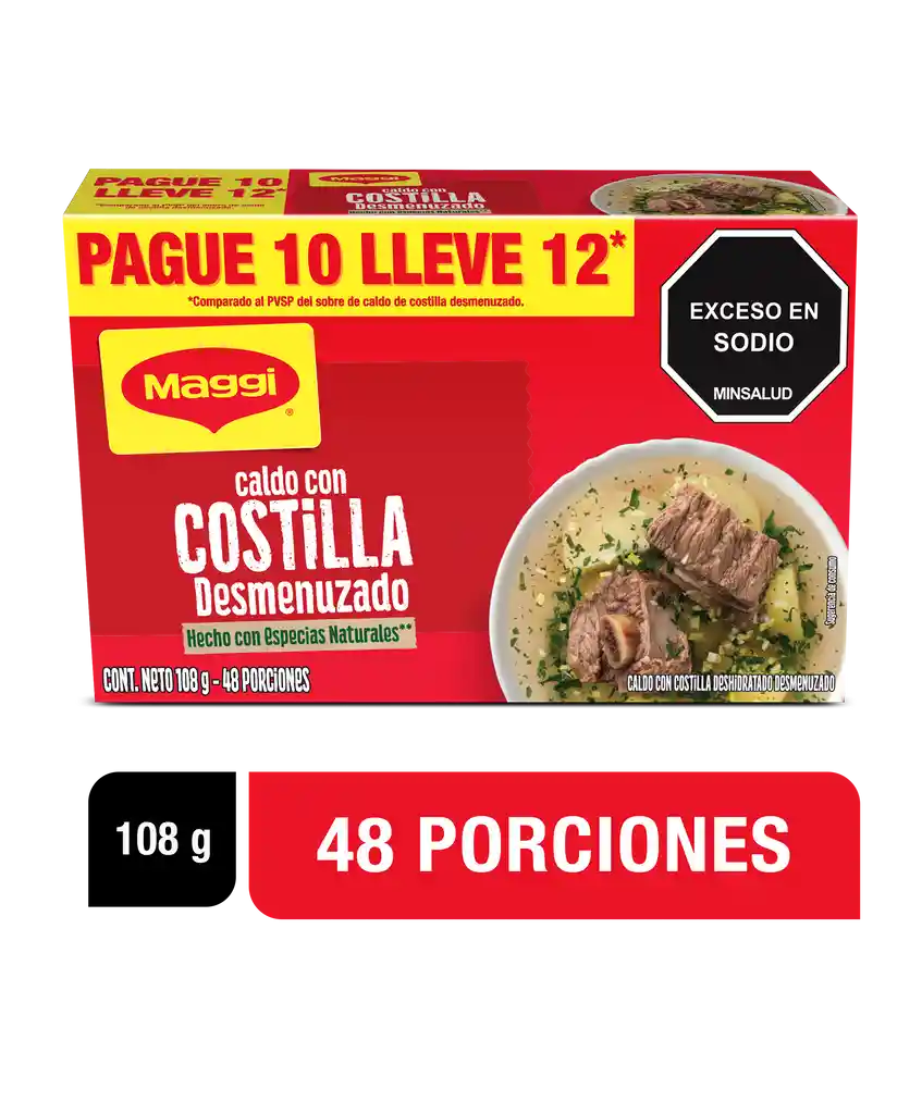 Caldo con Costilla MAGGI Desmenuzado paga 10 lleva 12 sobres x 108g
